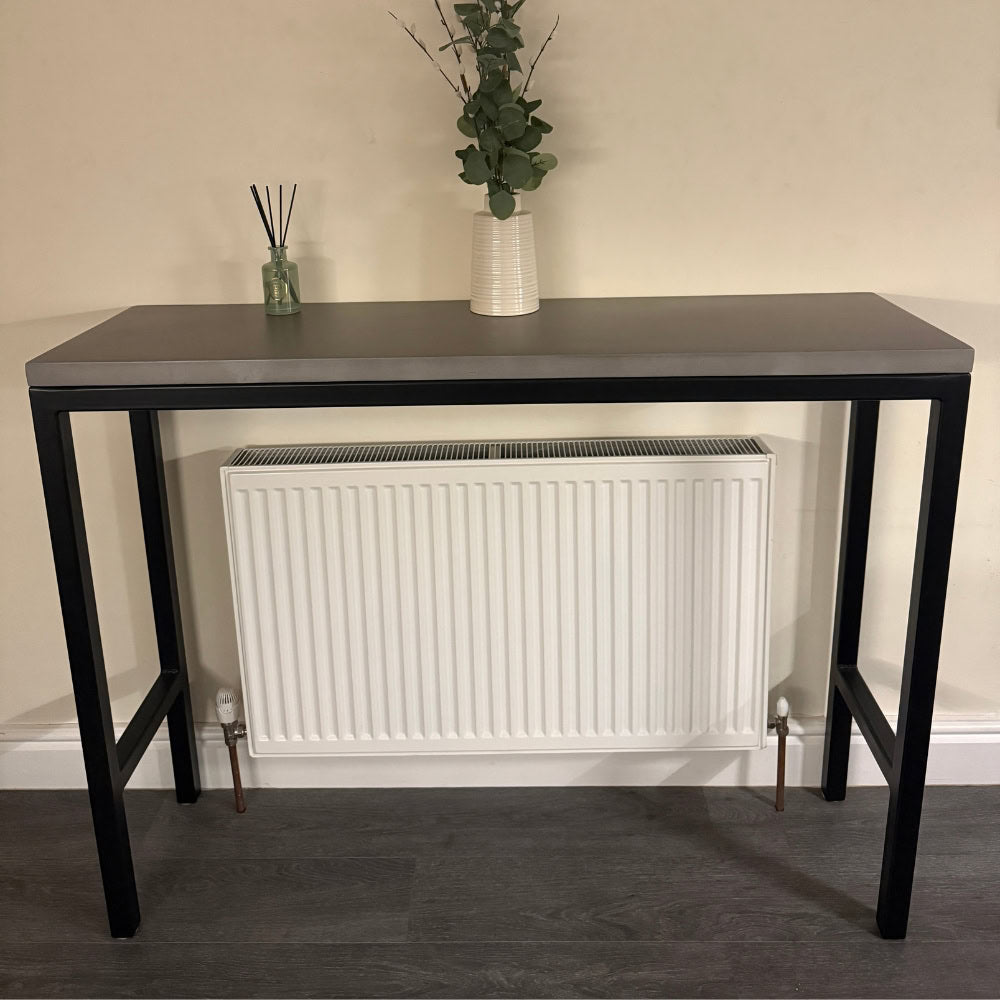 Polished Concrete Console Table Finished In Grey With Black Metal Legs