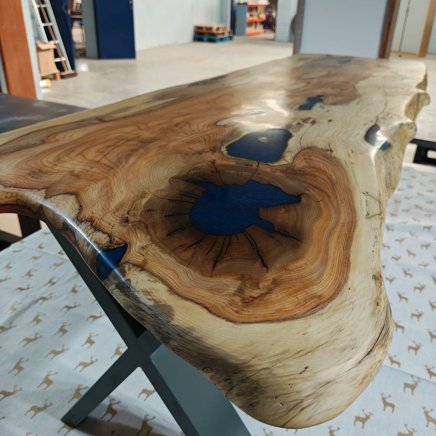 Stunning Yew & Resin Coffee Table with Sage Green X Legs