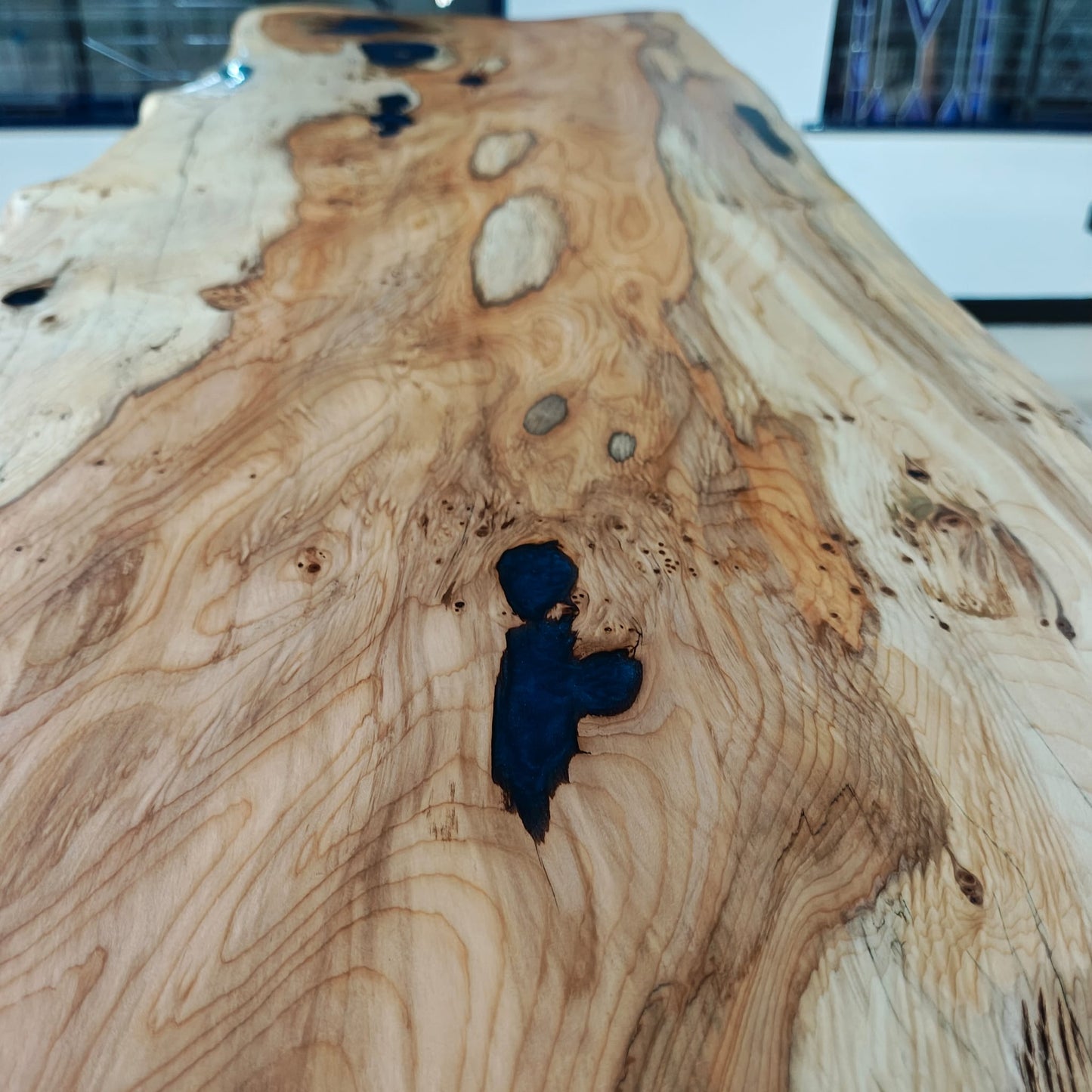 Stunning Yew & Resin Coffee Table with Sage Green X Legs