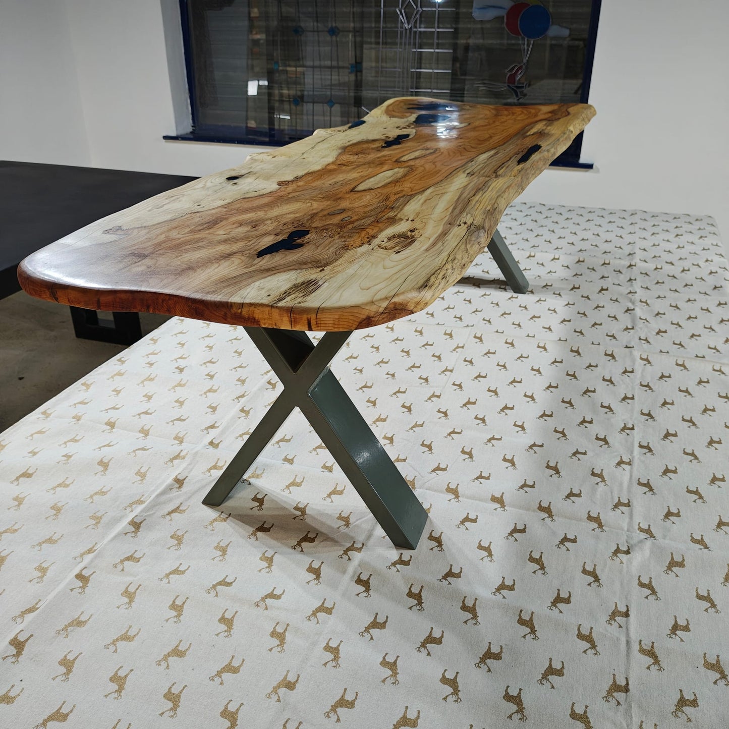 Stunning Yew & Resin Coffee Table with Sage Green X Legs