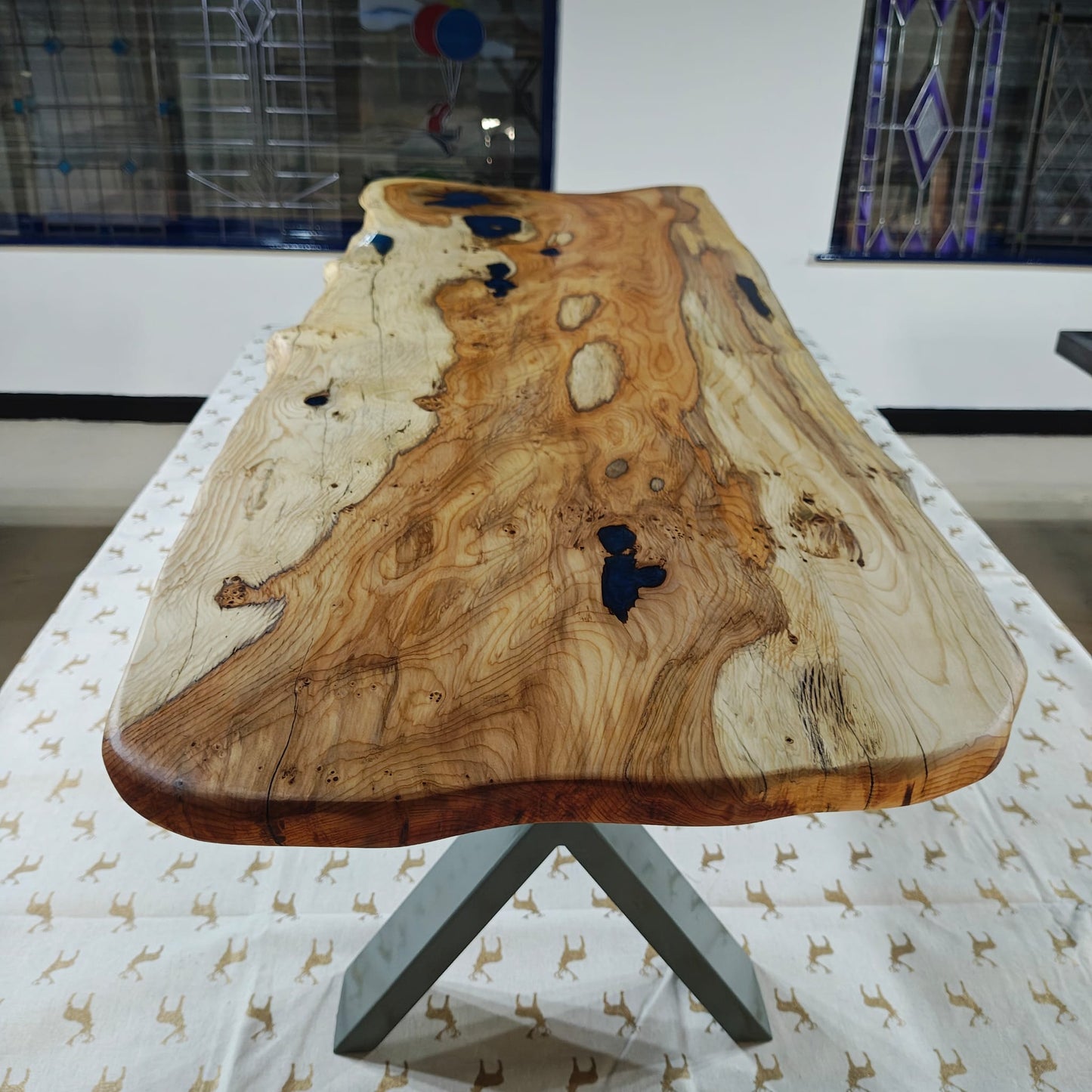 Stunning Yew & Resin Coffee Table with Sage Green X Legs