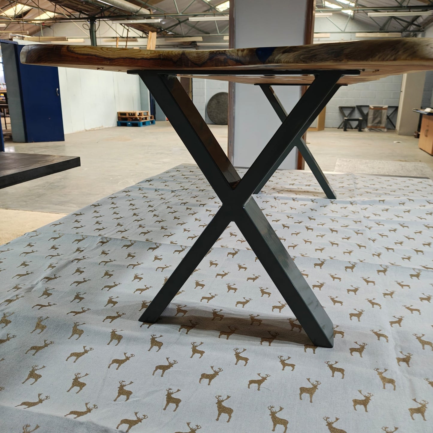 Stunning Yew & Resin Coffee Table with Sage Green X Legs