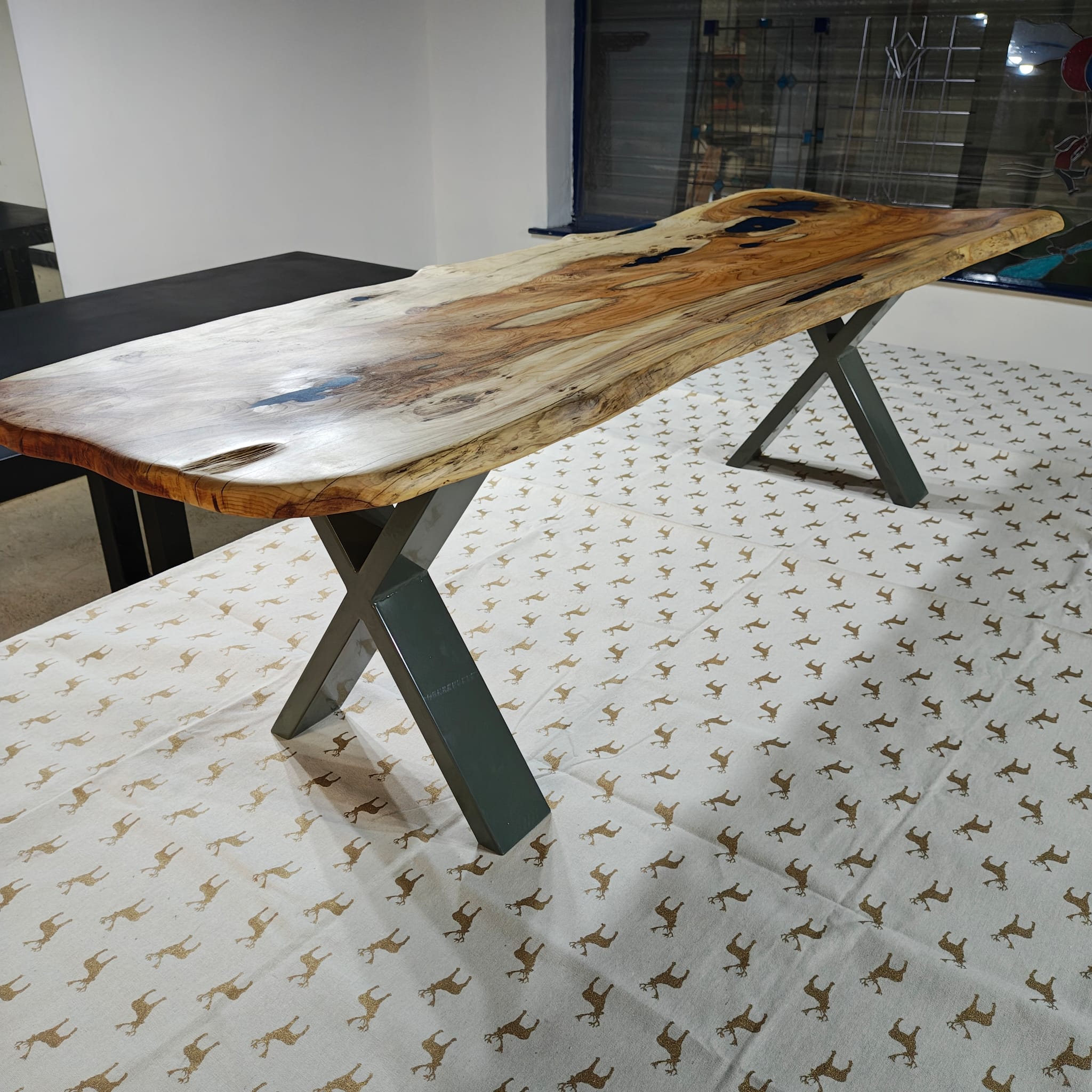 Stunning Yew & Resin Coffee Table with Sage Green X Legs
